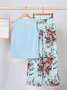 SHEIN Tween Girls Loose Round Neck Sleeveless Blue Floral Print Shirt And Wide Leg Pants 2 Pieces Vacation Set - Blue - View 2