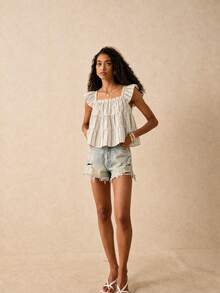 SHEIN Frenchy Women's Striped Square Collar Cap Sleeve Ruffle Hem Blouse,Summer Top - Multicolor - View 3
