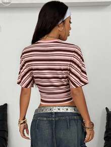 Coolane Women's Summer Casual Vacation & Commute Contrast Stripe Print Batwing Sleeve Fitted Cropped T-Shirt,Summer Top - Pink - View 2
