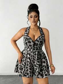 Maweii Macacão feminino plus size com estampa de leopardo e cintura torcida, sexy e casual. - Cinza - Ver 5