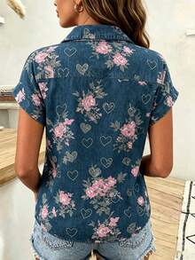 EMERY ROSE Women's Short Sleeve Blouse, Vintage Floral Pattern Design, Flowers & Hearts, Fashionable & Versatile - Multicolor - View 2