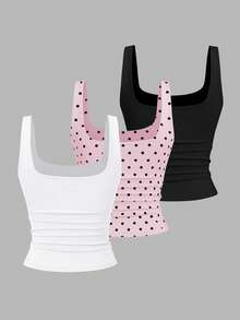 Sweetra Women's Casual Solid Color & Polka Dot Print Tank Top - Multicolor - View 2