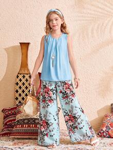 SHEIN Tween Girls Loose Round Neck Sleeveless Blue Floral Print Shirt And Wide Leg Pants 2 Pieces Vacation Set - Blue - View 6