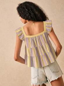 SHEIN Frenchy 女士休闲条纹荷叶边领衬衫，夏季 - 彩色 - 查看 2