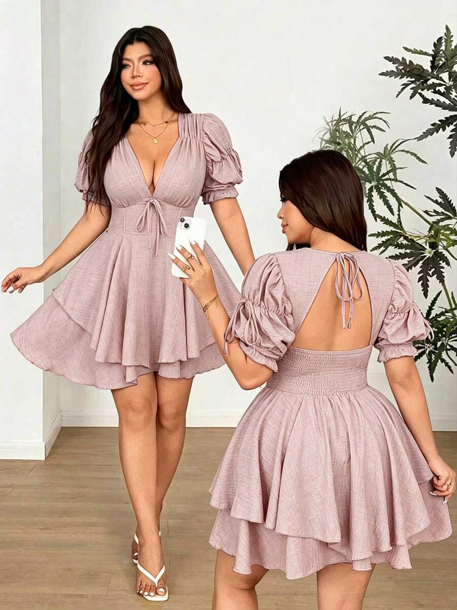 Vionelle Vestido mini de fiesta ajustado con escote en V profundo y mangas abullonadas, talla grande - Rosa vieja - Ver 1