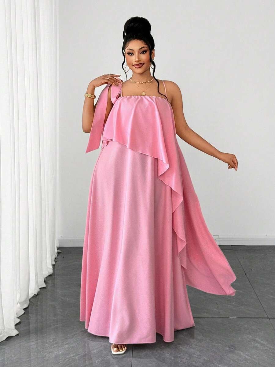 Maweii Plus Size Women Asymmetric Double-Layer Hem Off-Shoulder Backless Camisole Dress - Pink - View 1