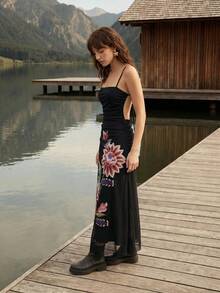 CAJUNI Đầm dài lưới họa tiết hoa phong cách Boho nhiệt đới, thích hợp cho kỳ nghỉ. - màu đen - Xem 3