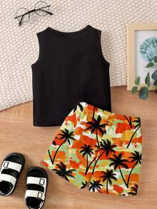 2pcs Baby Boys' Vacation Style Colorful Palm Tree & Letter Print Vest Top And Printed Shorts Set, Soft Fabric Suitable For Summer Outings Graphic Tee Summer Top - Multicolor - View 2