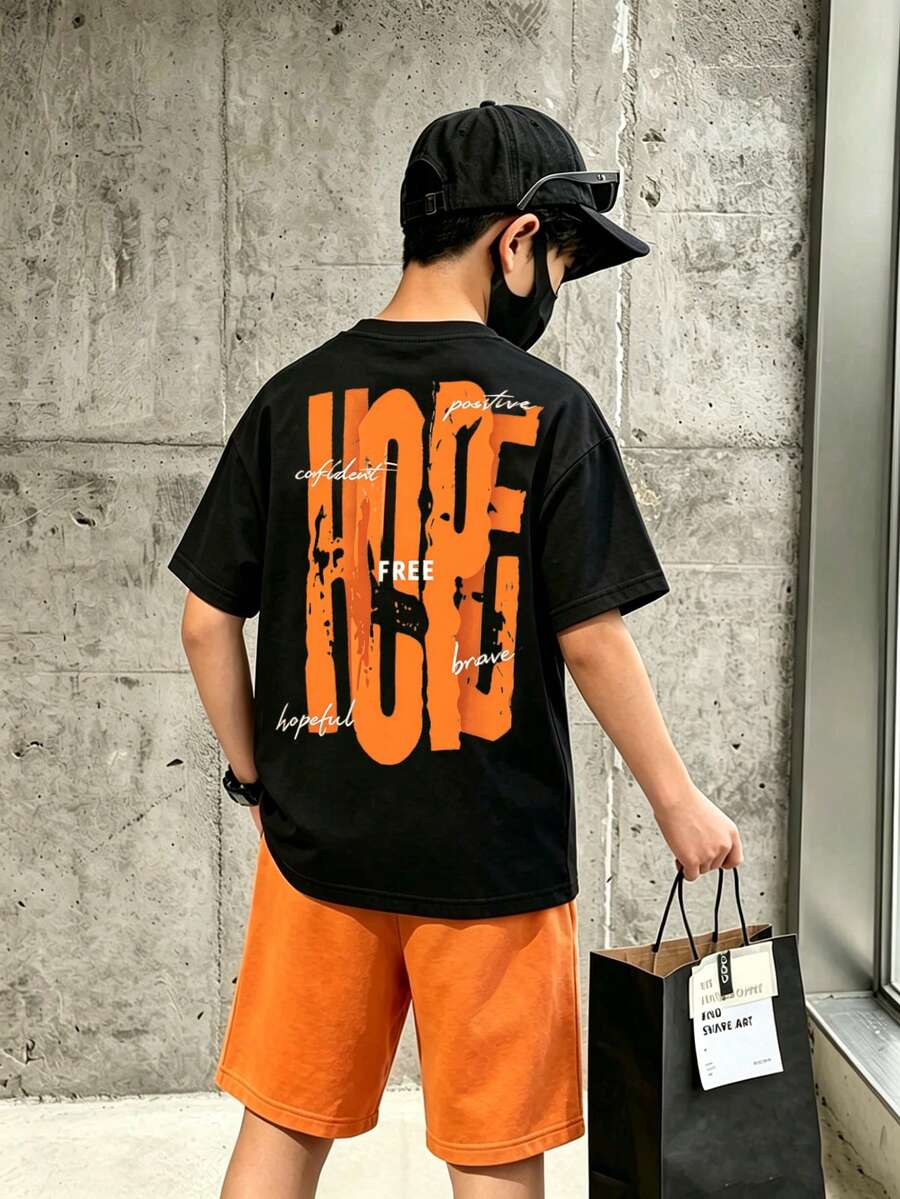 男童休闲舒适两件套,柔软透气短袖T恤和短裤运动套装,字母图案,夏季必备,时尚休闲装,返校季、户外野餐、街头摄影、校园、节日庆典、礼物之选 - 黑色 - 查看 1