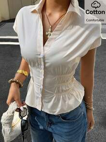Siren Gaze Women's Elegant V-Neck Short Sleeve Blouse - Ruched Waist Slim Fit Shirt, Suitable For Office And Casual Occasions, Summer Elegant Commute Blouse, White Collar Shirt - Apricot - View 7
