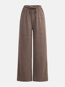 SHEIN Girlism Teenager Mädchen Frühling/Sommer Neue Schwarz & Weiß strukturierte gestreifte Hose mit Kordelzug Taille, Casual - Braun - Übersicht 4
