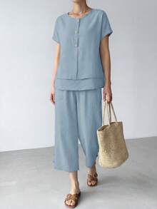 SHEIN LUNE Women's Textured Comfortable Button-Up Shirt With Layered Hem And Casual Cropped Pants 2 Pieces Set Dusty Blue Summer Vacation - Blue - View 6