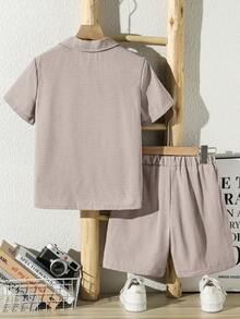 Mirajuku Tween Boy Summer Casual Vacation & Daily Wear Solid Color Waffle Fabric Short Sleeve Shirt And Shorts Set - Khaki - View 2