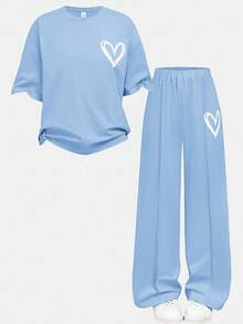 SHEIN Girlism Completo casual da ragazza adolescente in maglia blu oliva, con collo rotondo, spalle cadenti, plissettatura e stampa, adatto per uso quotidiano, streetwear, sport, vacanze, attività all'aperto in famiglia, picnic primaverili e varie occasioni - Blu - Visualizzare 13