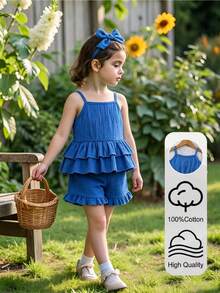 Girls' Summer Sleeveless Top And Shorts Set, With Layered Ruffle Hem, Trim, Matching Bow Hair Clip, Sweet Fresh Look - Blue - View 9