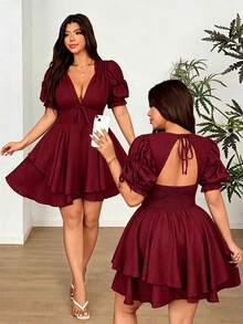 Vionelle Plus Size Deep V-Neck Puff Sleeve Fitted Party Mini Dress - Burgundy - View 1