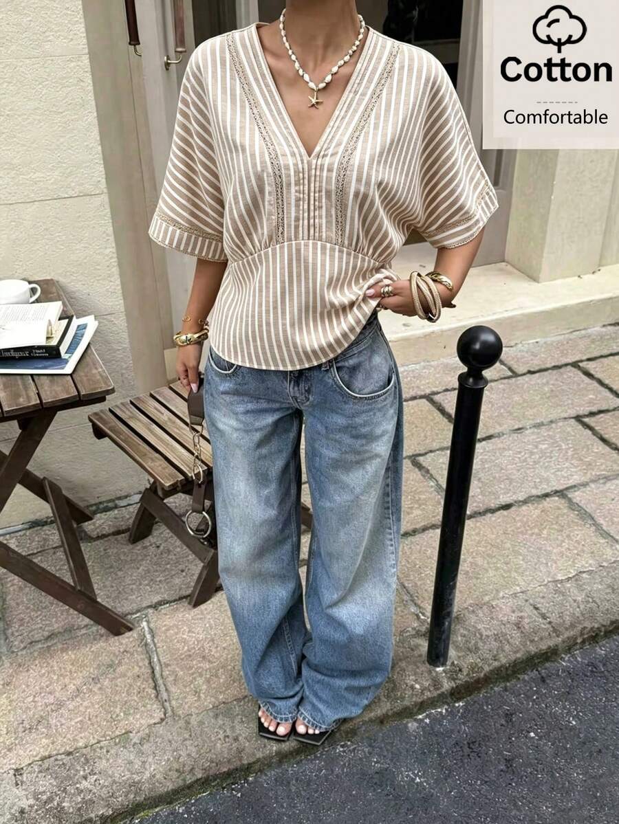 Siren Gaze 女款條紋V領棉質寬鬆休閒短袖上衣，夏季休閒條紋蕾絲飾邊襯衫