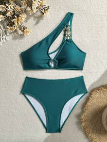 Swim SXY Women's Summer Beach Solid Color Cutout Sexy Bikini Swimwear Set - Teal Blue - View 1