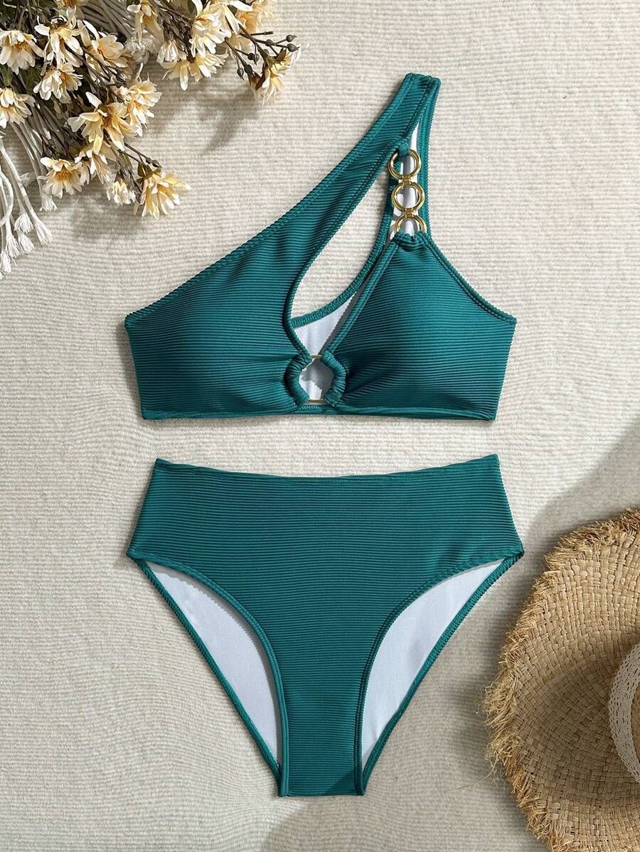 Swim SXY Women's Summer Beach Solid Color Cutout Sexy Bikini Swimwear Set - Teal Blue - View 1