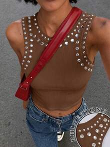 Rovax Sequins Embellished Crop Top, Street Fashion Style Cowboy, Plus Size Night Rave Chocolate Brown Summer - Coffee Brown - View 1