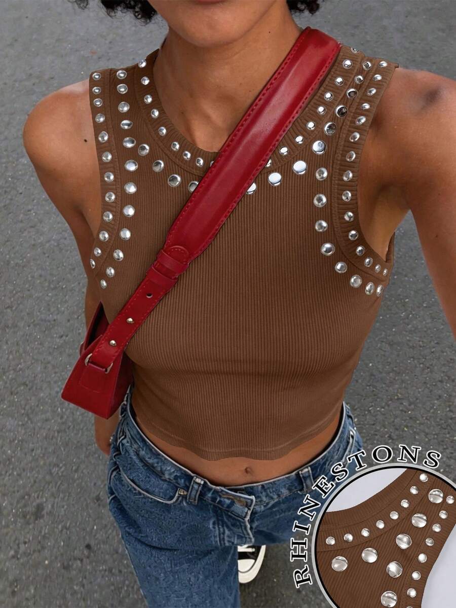 Rovax Sequins Embellished Crop Top, Street Fashion Style Cowboy, Plus Size Night Rave Chocolate Brown Summer - Coffee Brown - View 1