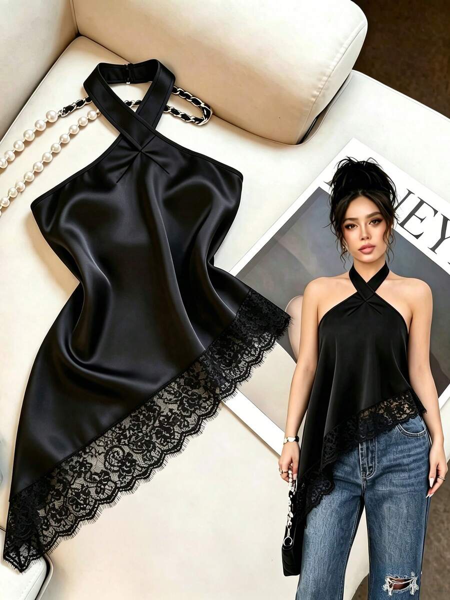 SHEIN Clasi 蕾丝拼接不对称下摆露背吊带优雅吊带衫 - 黑色 - 查看 1