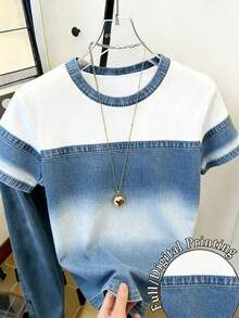 Resyla Women's Casual Denim Effect Patchwork Digital Print T-Shirt - Multicolor - View 3