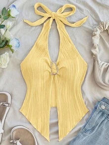 SHEIN Tall CURVE Plus Size Casual Solid Color Backless Halter Top - Light Yellow - View 4
