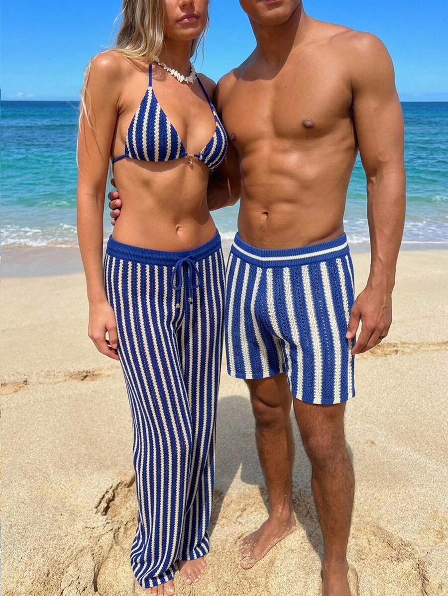 Surfspeed 欧美新晋博主时尚休闲度假男士针织短裤,男士度假休闲撞色镂空针织短裤,蓝色短裤,白色短裤 - 藍白色 - 查看 1