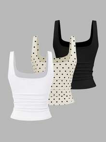 Sweetra Women's Casual Solid Color & Polka Dot Print Tank Top - Multicolor - View 2