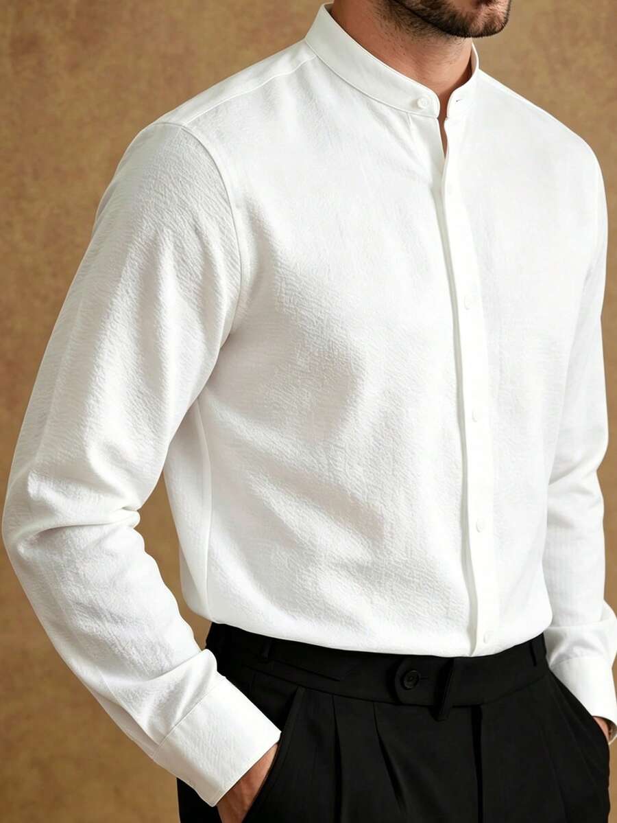 Manfinity AFTRDRK 男士純白立領泡泡紋理休閒商務長袖襯衫 辦公室夏季款 - 白色 - 查看 1