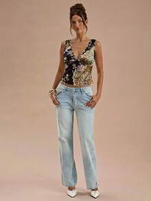 SHEIN BAE Áo hai dây nữ thanh lịch, in họa tiết, cổ chữ V sâu, ôm sát, thích hợp cho kỳ nghỉ xuân/hè, mặc đi biển, dạo phố, đi làm, hẹn hò, phong cách sang trọng. - Nhiều màu - Xem 5