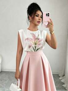 SHEIN Đầm nữ cổ tròn in hoa phối không tay dáng chữ A, thích hợp mặc đi làm, hàng ngày, hẹn hò, kiểu 2 trong 1, tối giản, thanh lịch, thời trang, trang phục mùa hè, mùa hè, đầm thường ngày, phong cách Pháp thanh lịch, đầm sang trọng, đi nghỉ mát, lễ hội. - Hồng - Xem 6