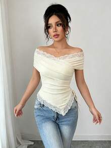 Blusa corta ajustada con estampado de leopardo, cintura ceñida y bajo asimétrico - Albaricoque - Ver 5