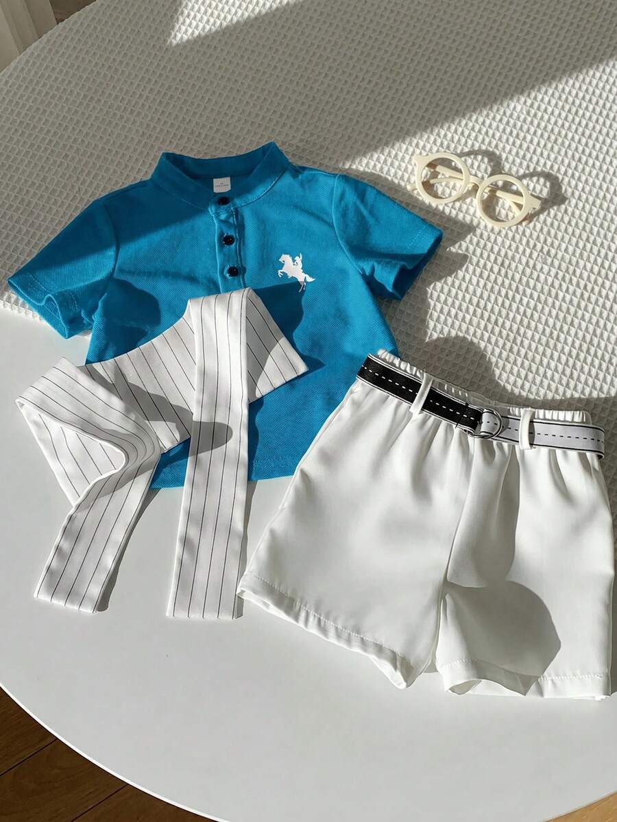 SHEIN 3件套男童舒适休闲百搭时尚简约风红色领短袖T恤Polo衫针织上衣,白色条纹披肩,白色短裤配腰带,适合春夏季室内、室外、日常、运动、派对、拍照、度假、婚礼等场合。 - 寶藍色 - 查看 1