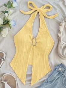 SHEIN Tall CURVE Plus Size Casual Solid Color Backless Halter Top - Light Yellow - View 3