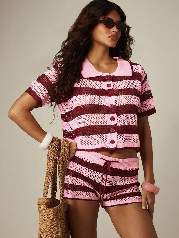 MISSGUIDED Crochet Knit Striped Summer Shorts With Drawstring Waist And Horizontal Burgundy Pink Pattern Beach Vacation Casual Bottoms