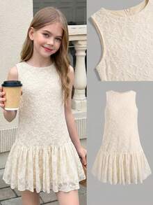 SHEIN Vestido SHIEN para meninas pré-adolescentes, em tecido de renda marfim liso, sem mangas e com pregas. Casual, moderno e versátil, ideal para festas, passeios, ensaios fotográficos com a irmã, parques, acampamentos, férias e uso diário. - Damasco - Ver 14