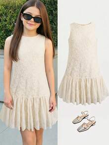 SHEIN Vestido SHIEN para meninas pré-adolescentes, em tecido de renda marfim liso, sem mangas e com pregas. Casual, moderno e versátil, ideal para festas, passeios, ensaios fotográficos com a irmã, parques, acampamentos, férias e uso diário. - Damasco - Ver 16