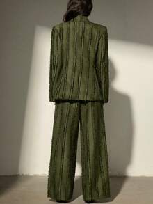 Aveloria Modichic Textured Frayed Edge Vertical Striped Tassel Design Sense Blazer Jacket Paired With Wide Leg Pants Women Suit Set - Olive Green - View 5