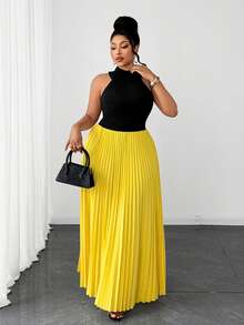 Maweii Plus Size Women's Bowknot Cold Shoulder Backless Pleated Halter Dress - Yellow - View 2