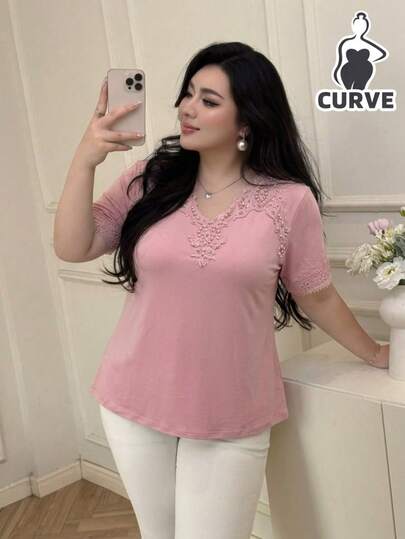 Blusa de Mujer Talla Extra Curve Plus Size de Lino con Encaje, delgada, cómoda, Casual, Mangas 3/4. Ideal para verano, Playa, Días calurosos, Viajes, Día de Primavera