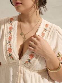 GalTyme Plus Size Floral Embroidered Deep V-Neck Blouse - Multicolor - View 1