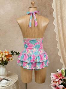 Bellisia Teal And Pink Textured Fabric Halter Neck Deep V-Neck Backless Double Ruffle Hem Dress, Cute Tropical Sweet Style For Summer Beach Vacation - Multicolor - View 2