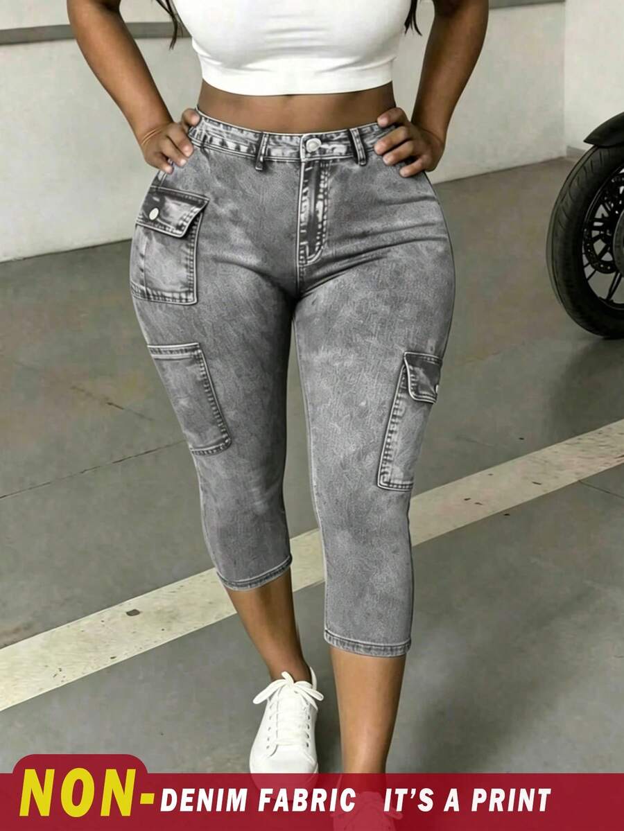 INAWLY Plus Size Women Fashion Versatile Denim Effect Print Skinny Capri Pants - Black - View 1