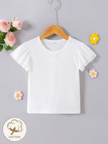 Elladie kids 1 chiếc áo thun trắng trơn cổ tròn viền bèo, kiểu dáng tối giản và đa năng dành cho bé gái. - Nhiều màu - Xem 4