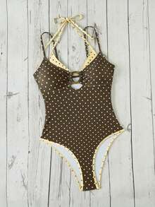 Swim Mod Women's Brown And Yellow Polka Dot 2 In 1 Design One-Piece Swimsuit,80s Halter Backless Swimwear For Beach Vacation,Summer,Holiday,Holiday - Multicolor - View 3