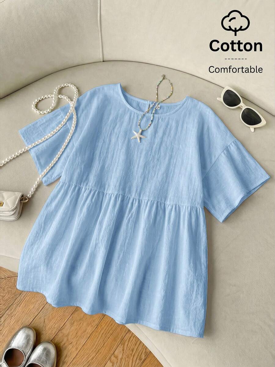 SHEIN EZwear 100%純棉淺藍色亞麻編織女款襯衫,夏季上衣,適合日常通勤、約會、聚會、秋冬/夏季、聖誕節、新年、感恩節、派對、婚禮、海灘、畢業典禮、時尚、優雅、休閒、外出、約會、預約、通勤、亮麗、情人節、優雅、度假 - 淺藍色 - 查看 1