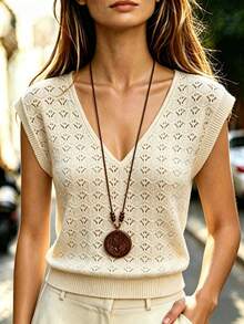SHEIN Áo dệt kim tay ngắn cổ chữ V màu trắng khoét rỗng, kiểu dáng thời trang tối giản, thanh lịch, thường ngày, công sở, cổ điển, thích hợp cho mùa xuân/hè. - trắng - Xem 1