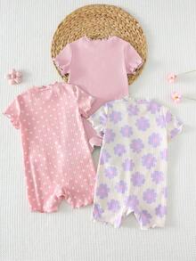 Cozy Pixies 3件套女婴碎花条纹针织柔软圆领短袖连体衣和短裤套装 - 淺粉色 - 查看 5